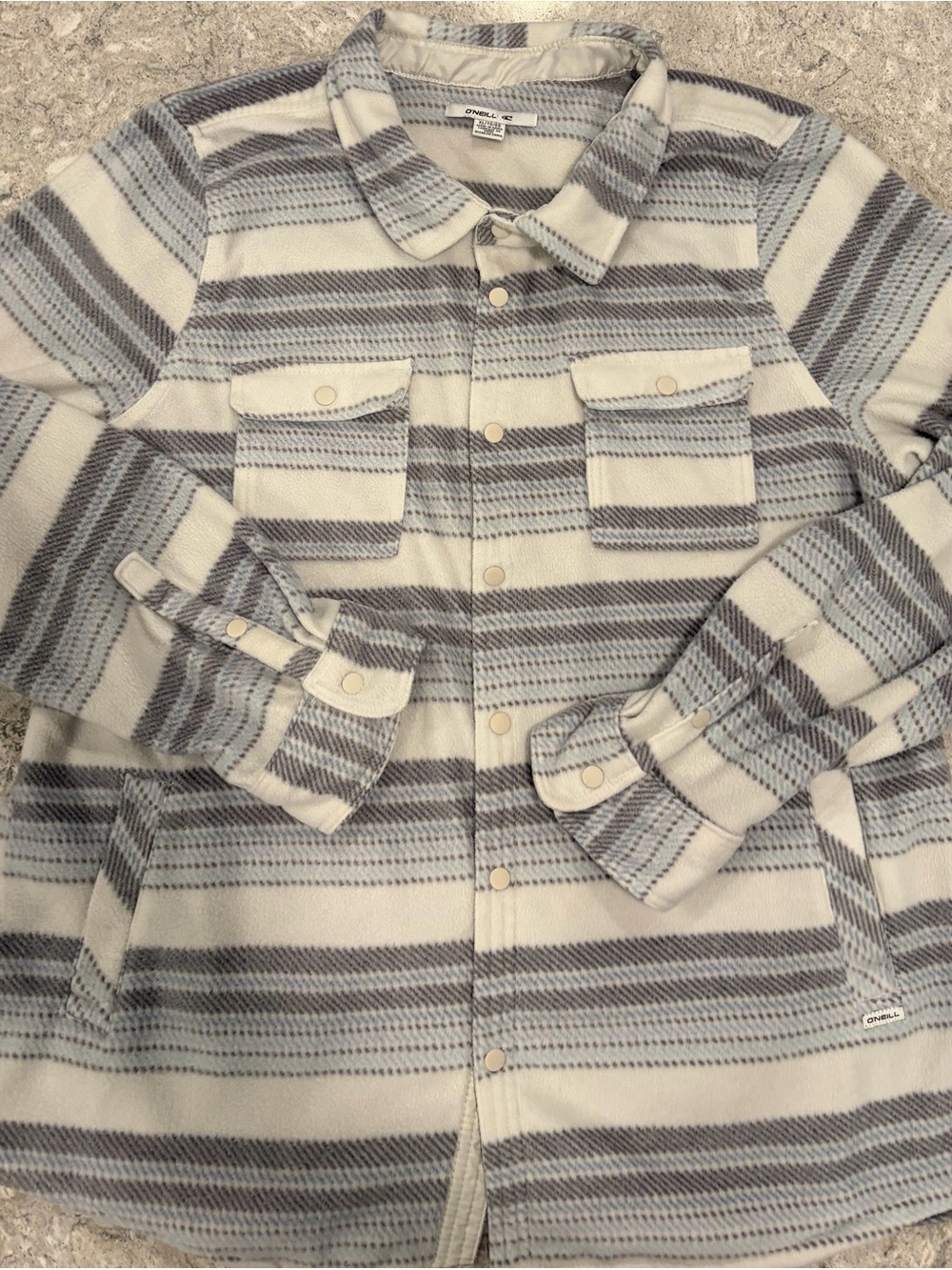 O'Neill Cream and Gray Striped Button-Up Shacket